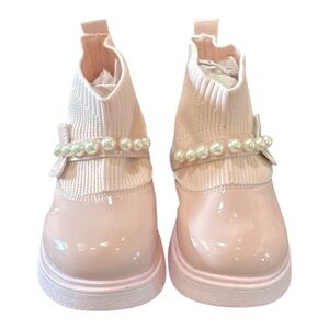 Pink Toddler Girl Winter Boots | Size 28 | Faux Leather Pearl Bow Detail